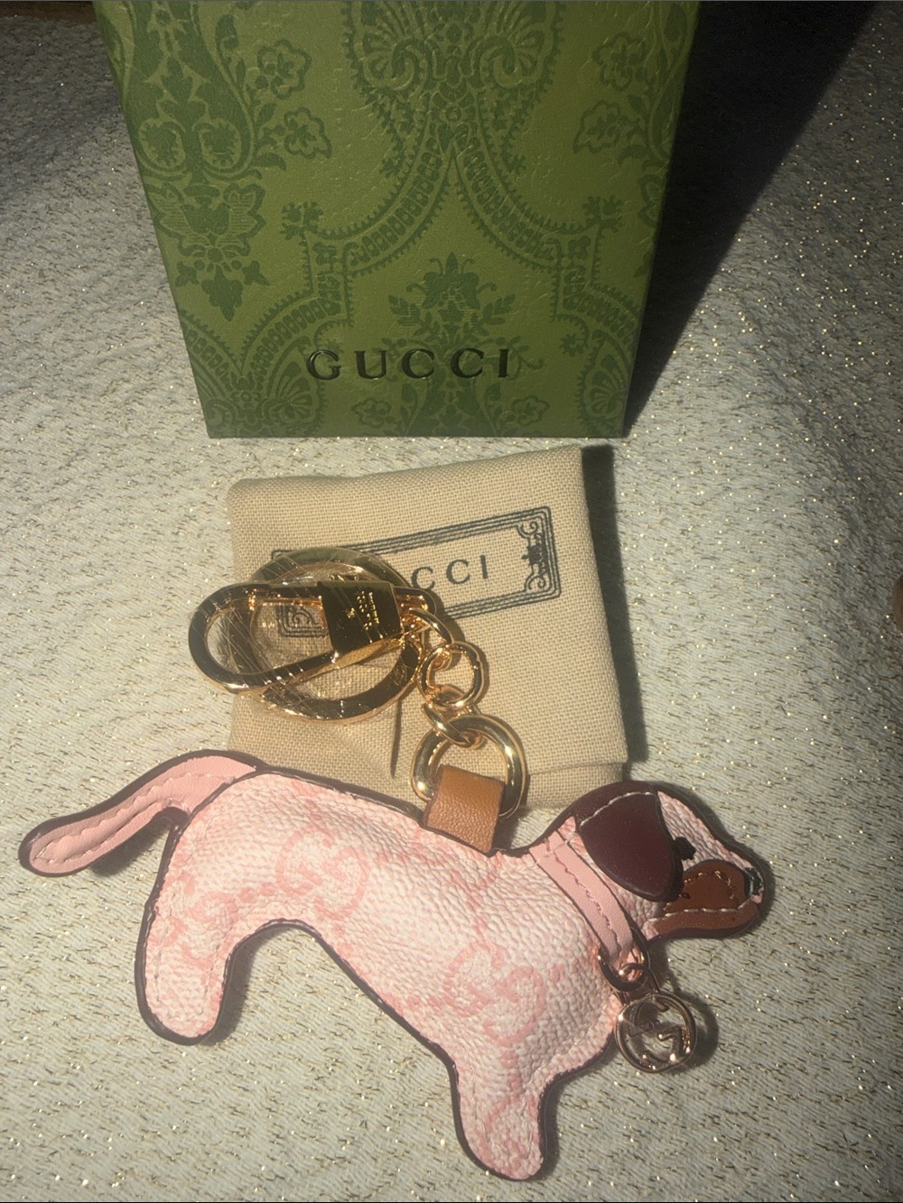 Pink & Brown Leather Dog Key Charm with Gold Hardware